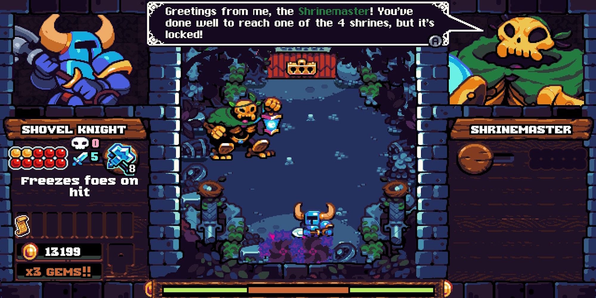 Confronting a Shrinemaster in Shovel Knight Pocket Dungeon