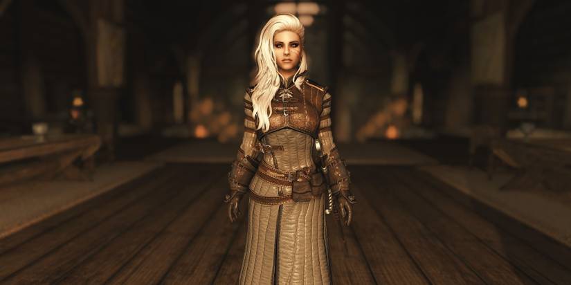 Skyrim character in Ursine Armor from the witcher 3 armor mod in skyrim