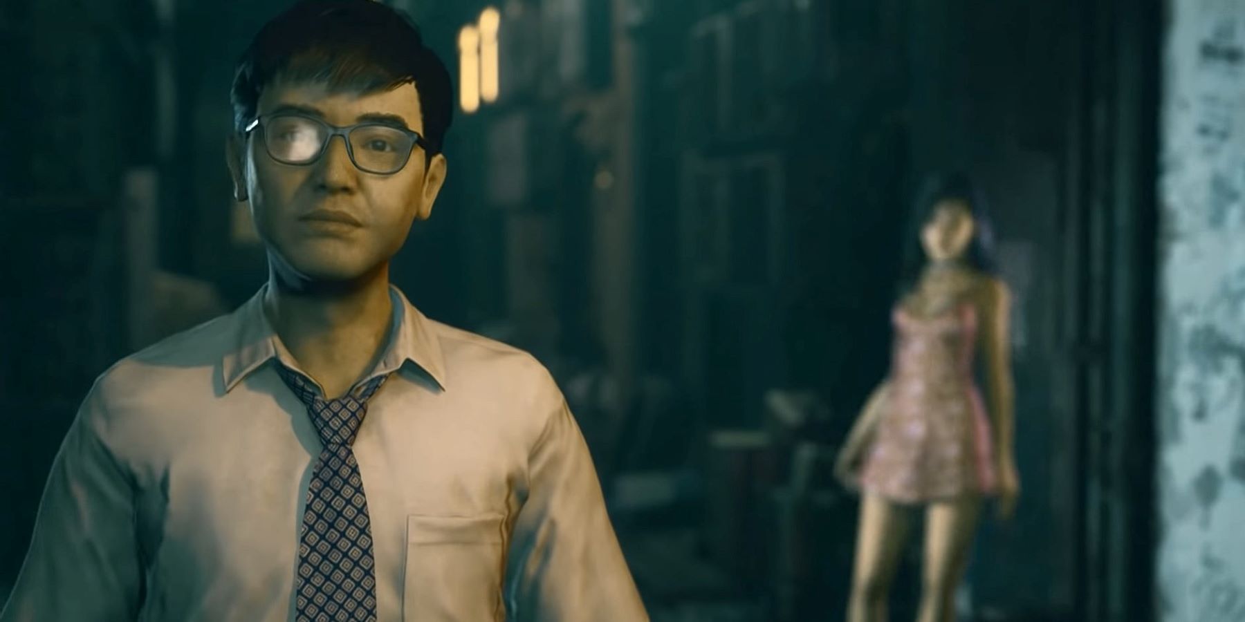 A man in a tie walking down an alleyway with a woman in the background in the reveal trailer for Bokeh Game Studio's Slitterhead