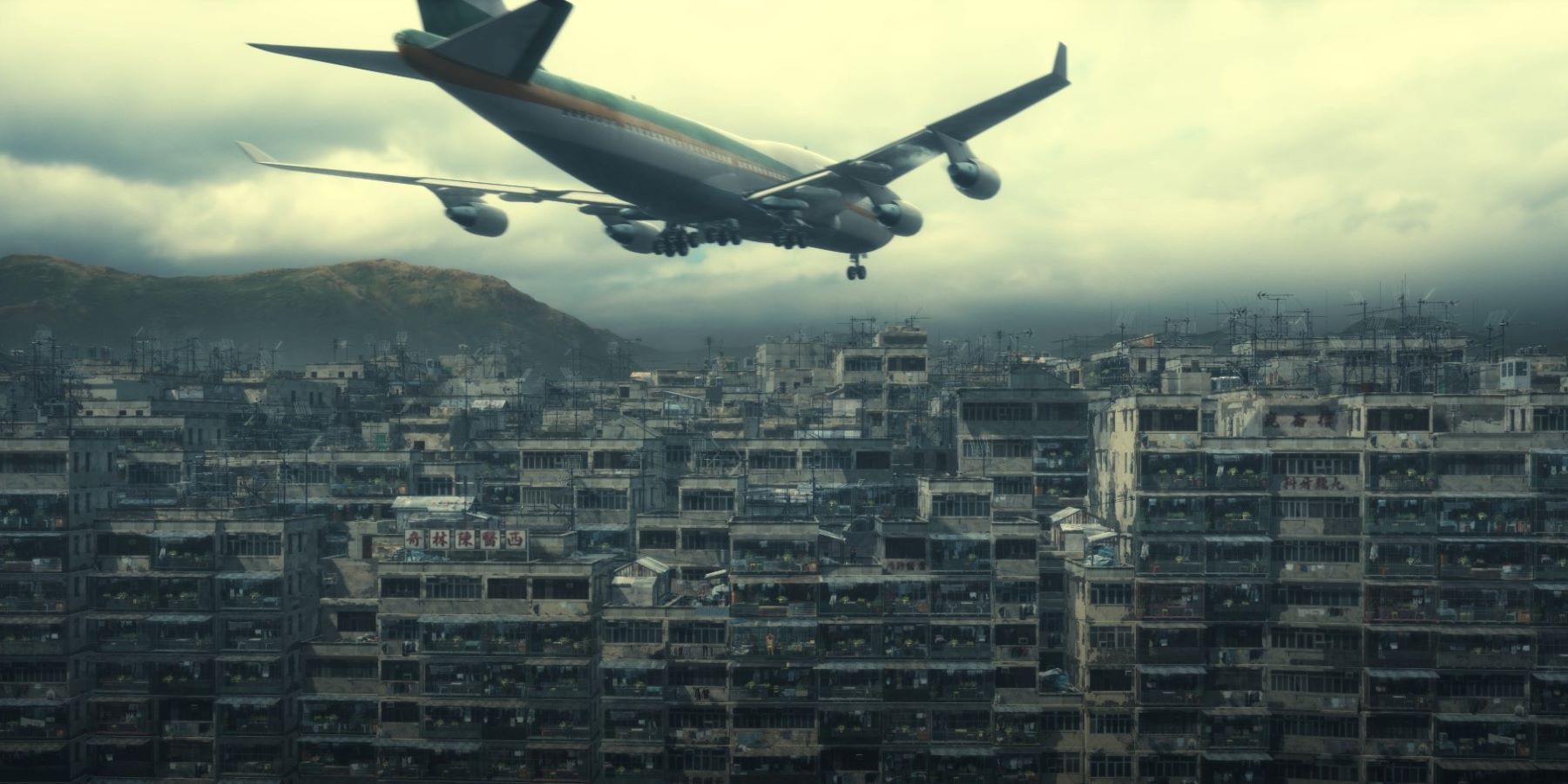 A plane flying just above the dense city where Bokeh Game Studio's Slitterhead takes place