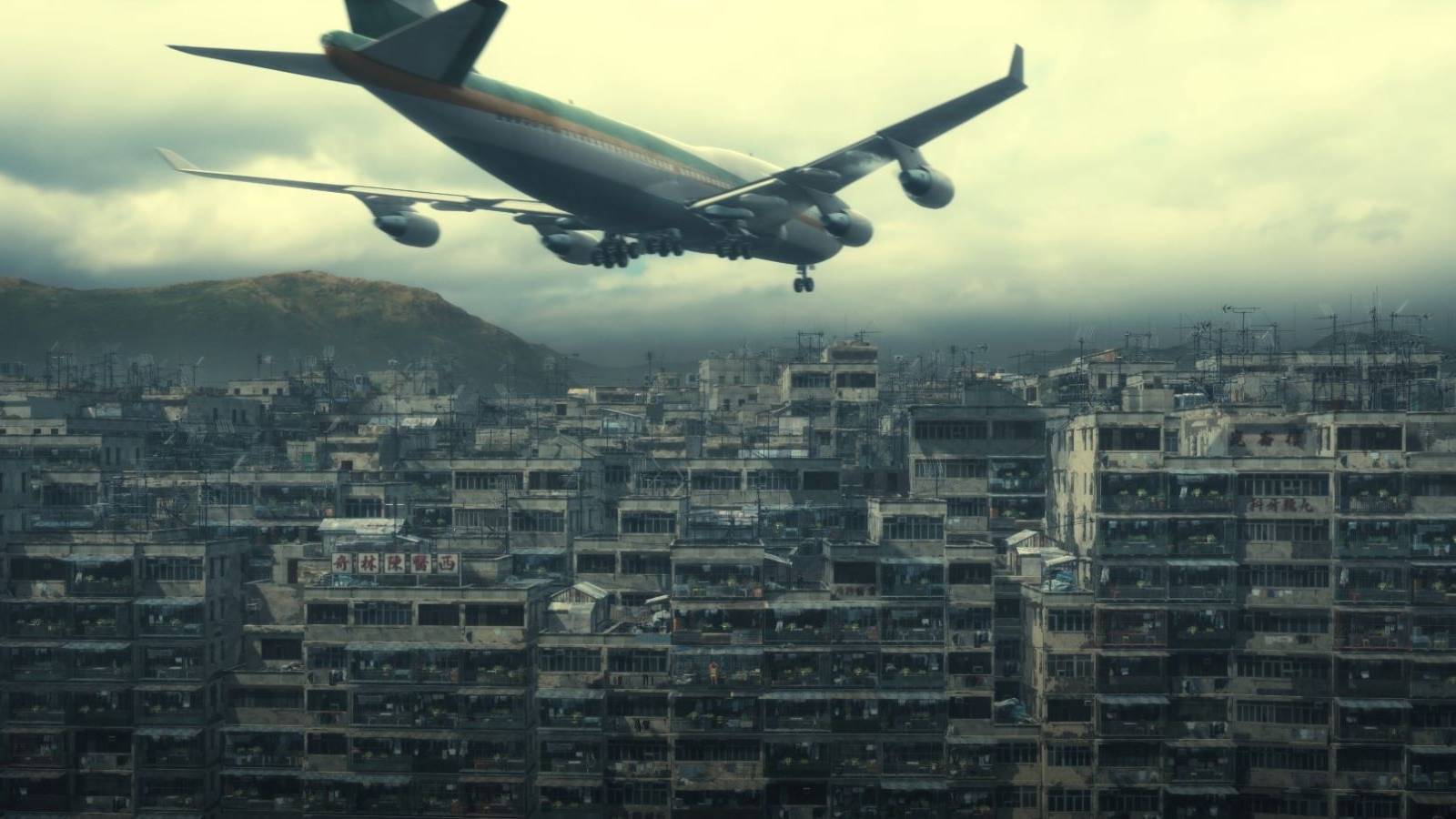 A plane flying just above the dense city where Bokeh Game Studio's Slitterhead takes place