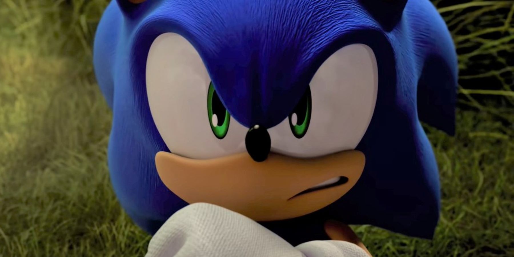 Sonic gritting his teeth and raising a fist defensively in the Sonic Frontiers reveal trailer