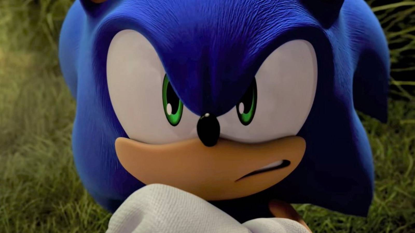 Sonic gritting his teeth and raising a fist defensively in the Sonic Frontiers reveal trailer
