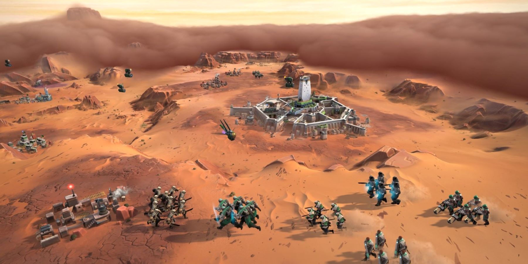 Soldiers advancing on a desert settlement in Dune: Spice Wars
