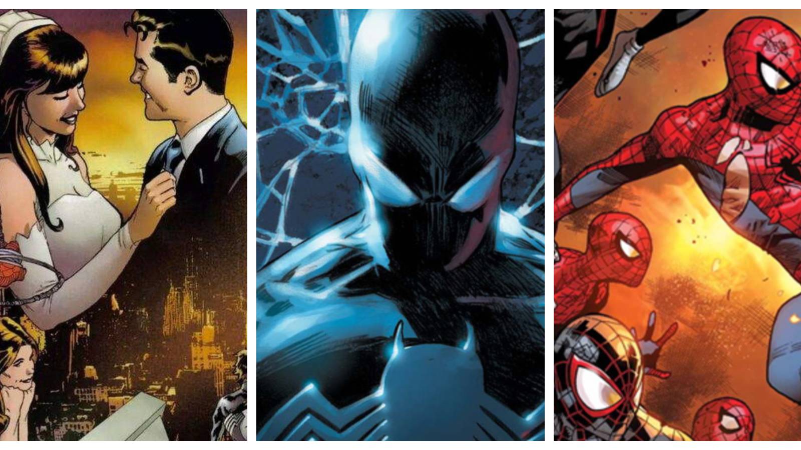 a shot of peter parker and mary jane watson at their wedding; black suit spider-man close up; a group of spider heroes charging into battle