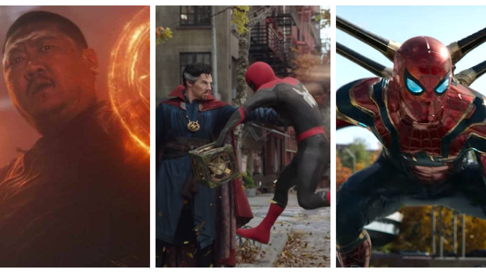 wong with magic circles over his hands; dr strange punching spider-man's spirit out of his body; spider-man in a his hero pose in the iron spider suit 