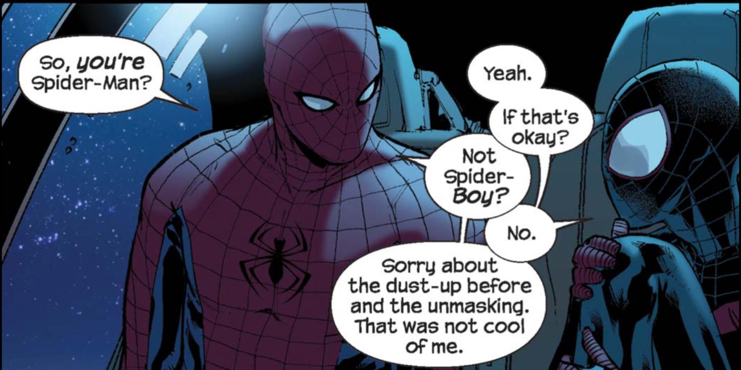 peter parker spider-man talking to a miles morales spider-man in a helicopter