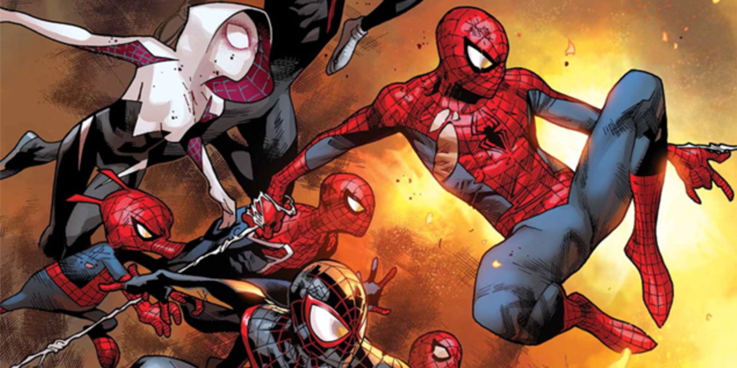 multiple spider people from different universes charging into battle behind the primary spider-man in a ripped, tattered costume 