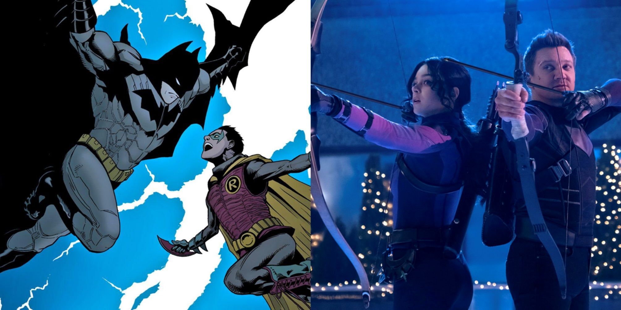 Split image of Batman and Robin in the DC comics and Clint and Kate in the Hawkeye finale