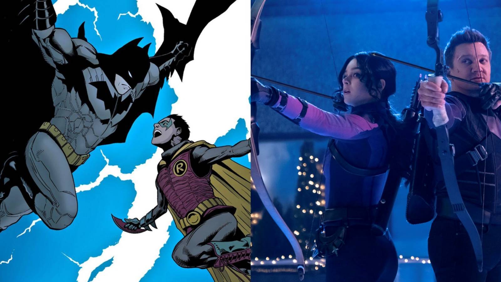 Split image of Batman and Robin in the DC comics and Clint and Kate in the Hawkeye finale