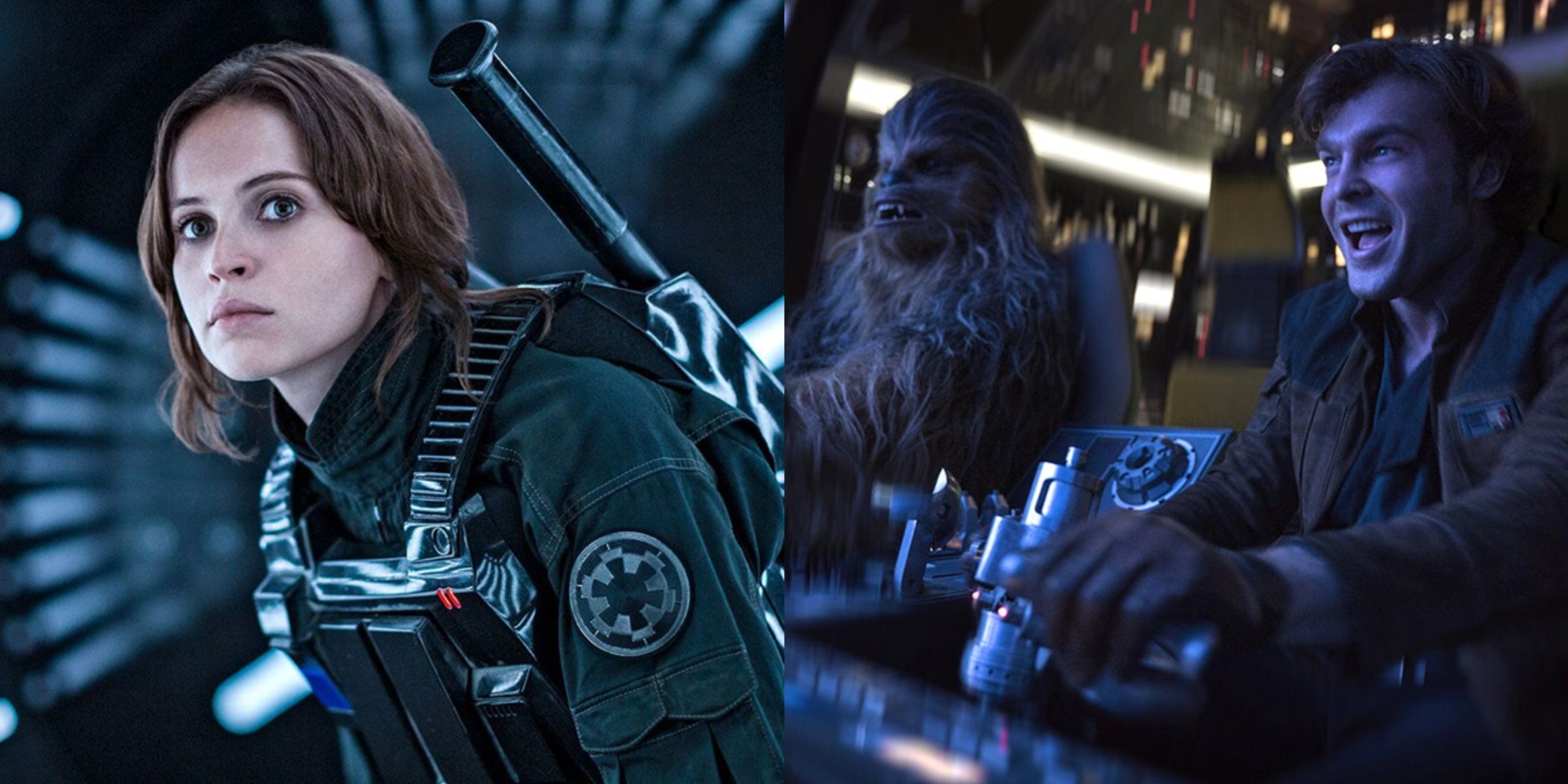 Split image of Felicity Jones in Rogue One and Alden Ehrenreich in Solo