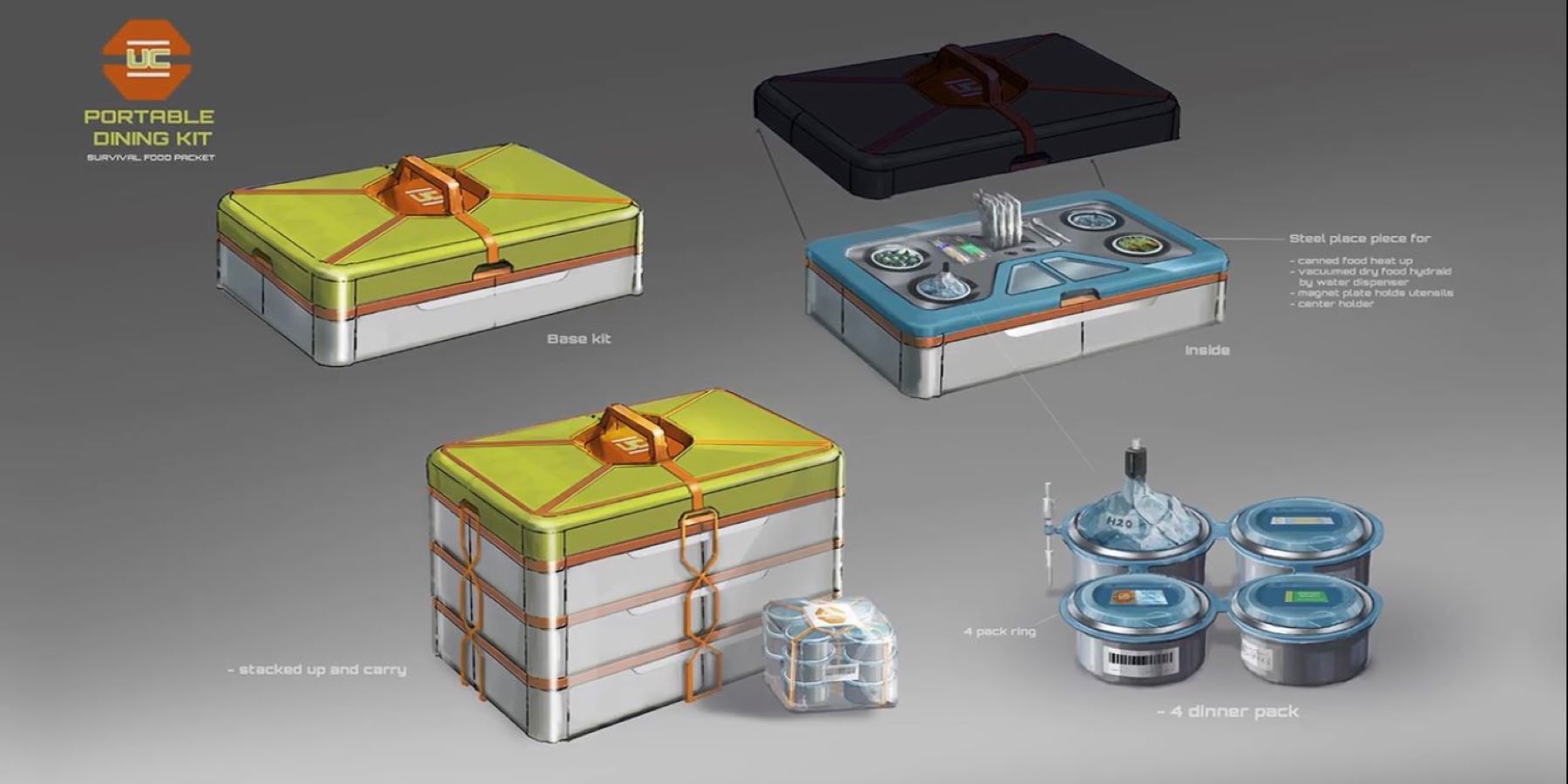 Concept art for Starfield displaying dining kits with water and food