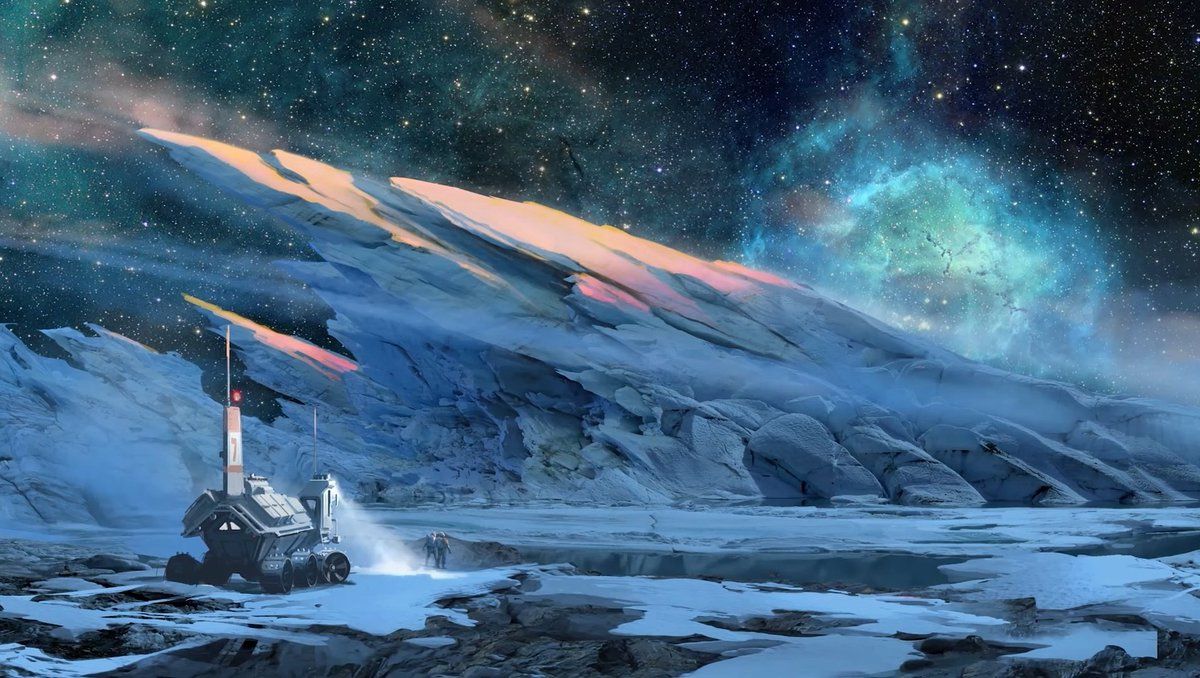 Starfield concept art of astronauts and a rover exploring an icy planet