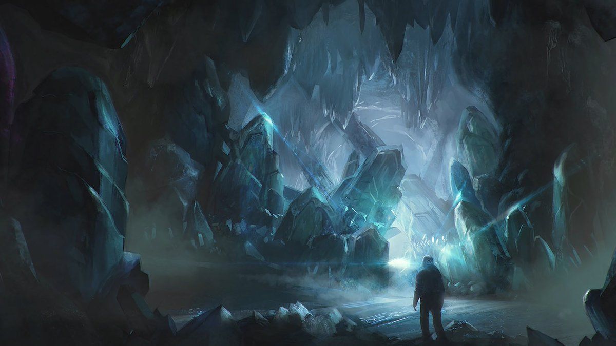 Концепт-арт Starfield, изображающий астронавта, исследующего пещеру с большими кристаллами