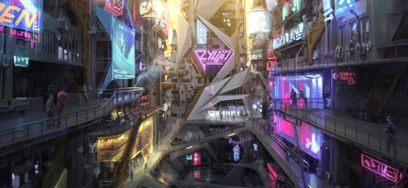Starfield concept art showing the city of Neon with multiple walkways and neon signs