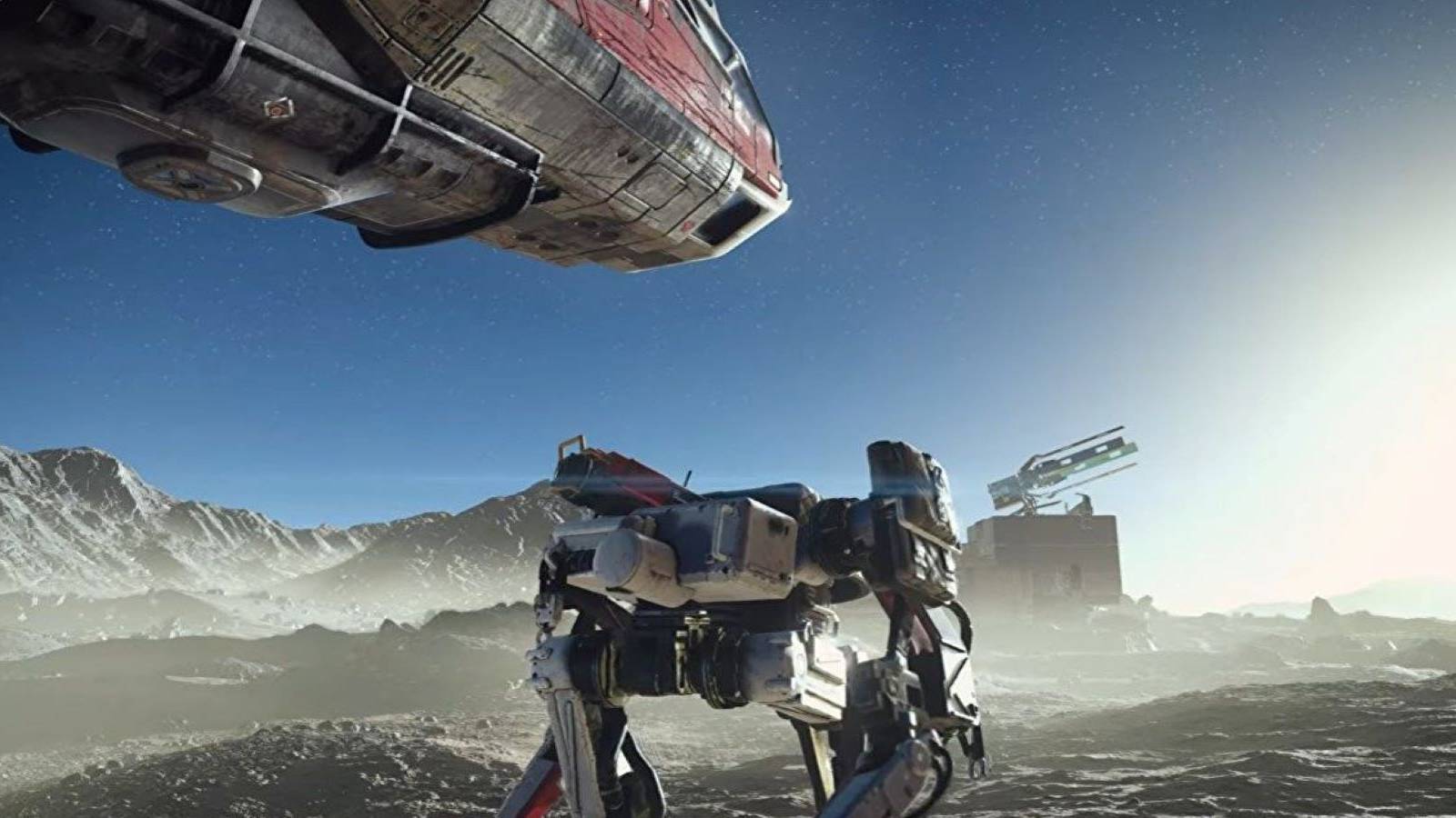 A walker robot watching a ship take off in a Starfield cinematic trailer