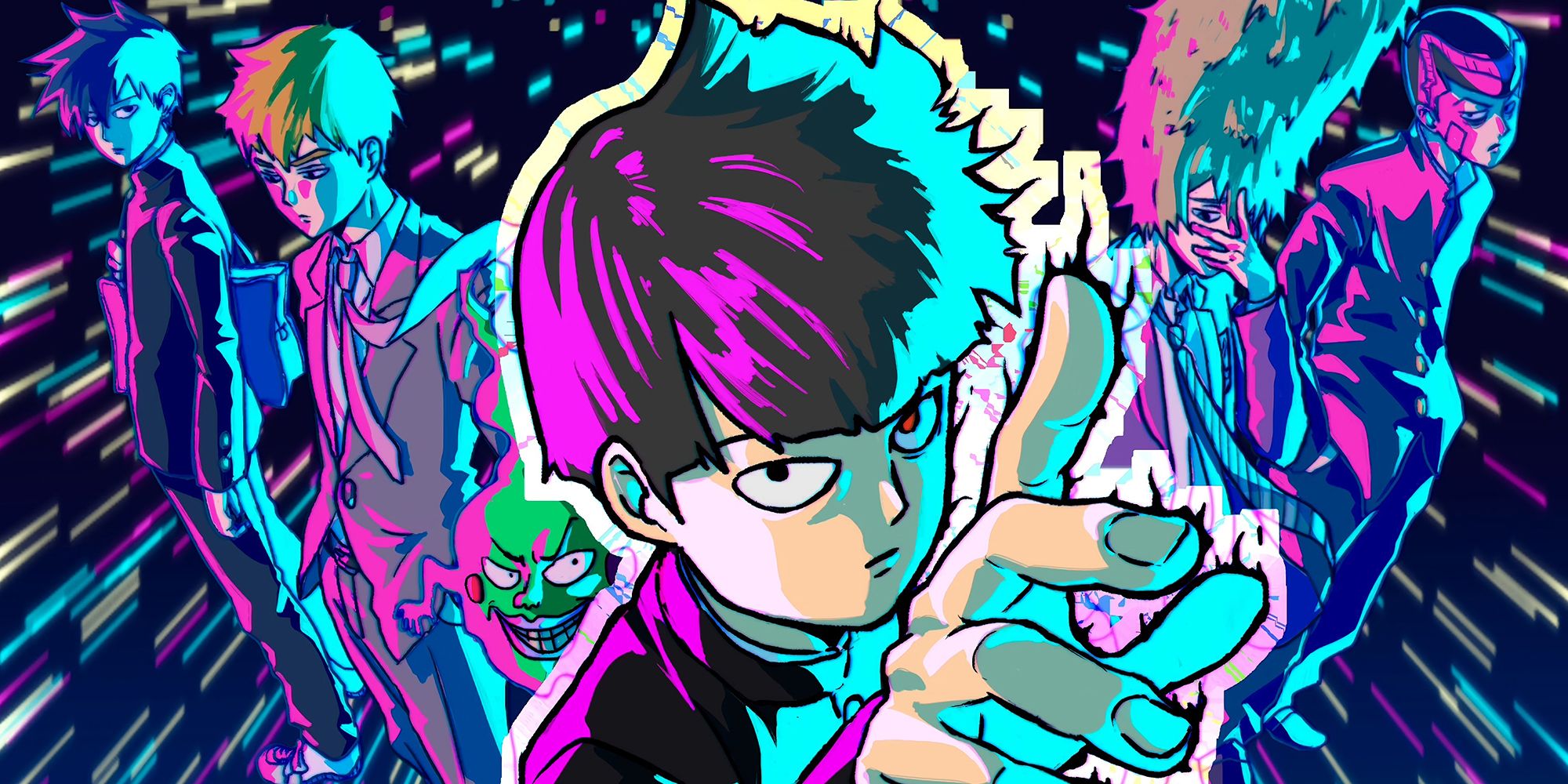 Stylistic Mob Psycho Composition Showing The Main Cast, Some Side Characters For Season 2, And The Style Of The Show