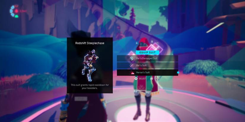 a suit selection menu with four different options and an image of the selected suit on the left