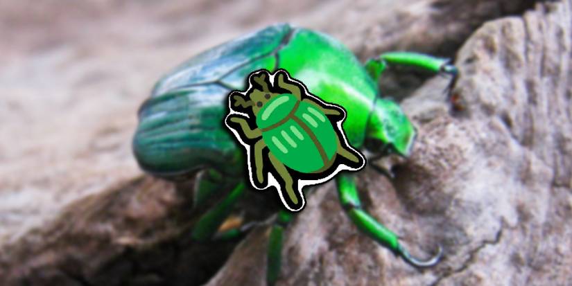 Super Auto Pets - PNG Of The Beetle Overlaid Over A Blurred Image Of An Actual Green-Tint Beetle