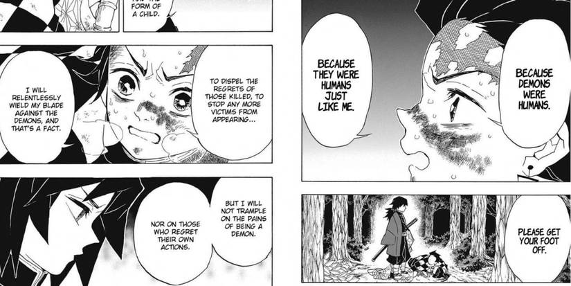 Tanjiro telling giyu about his ideology about demons