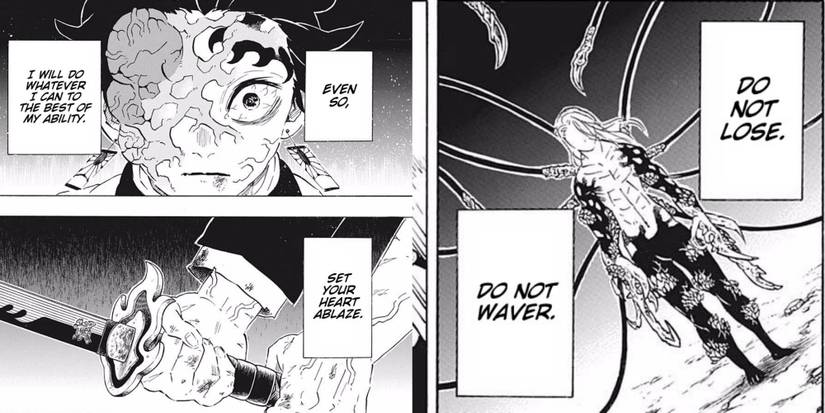 Tanjiro telling himself to not lose and to not waver