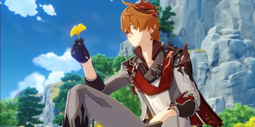 Genshin Impact Tartaglia sitting on the grass and holding a leaf