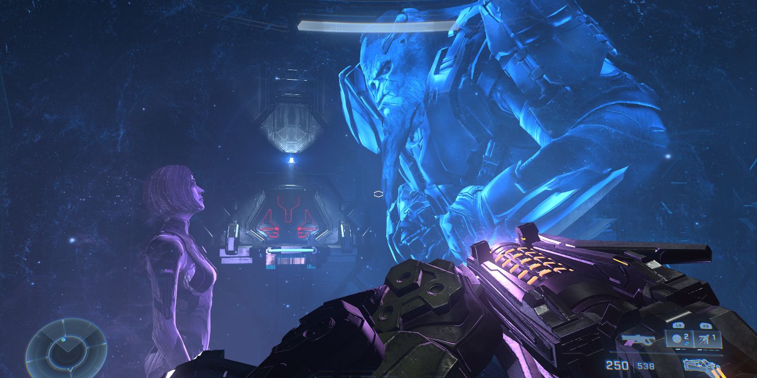 a purple hologram of woman faces a blue hologram large, bearded, gorilla-like alien in a large chamber
