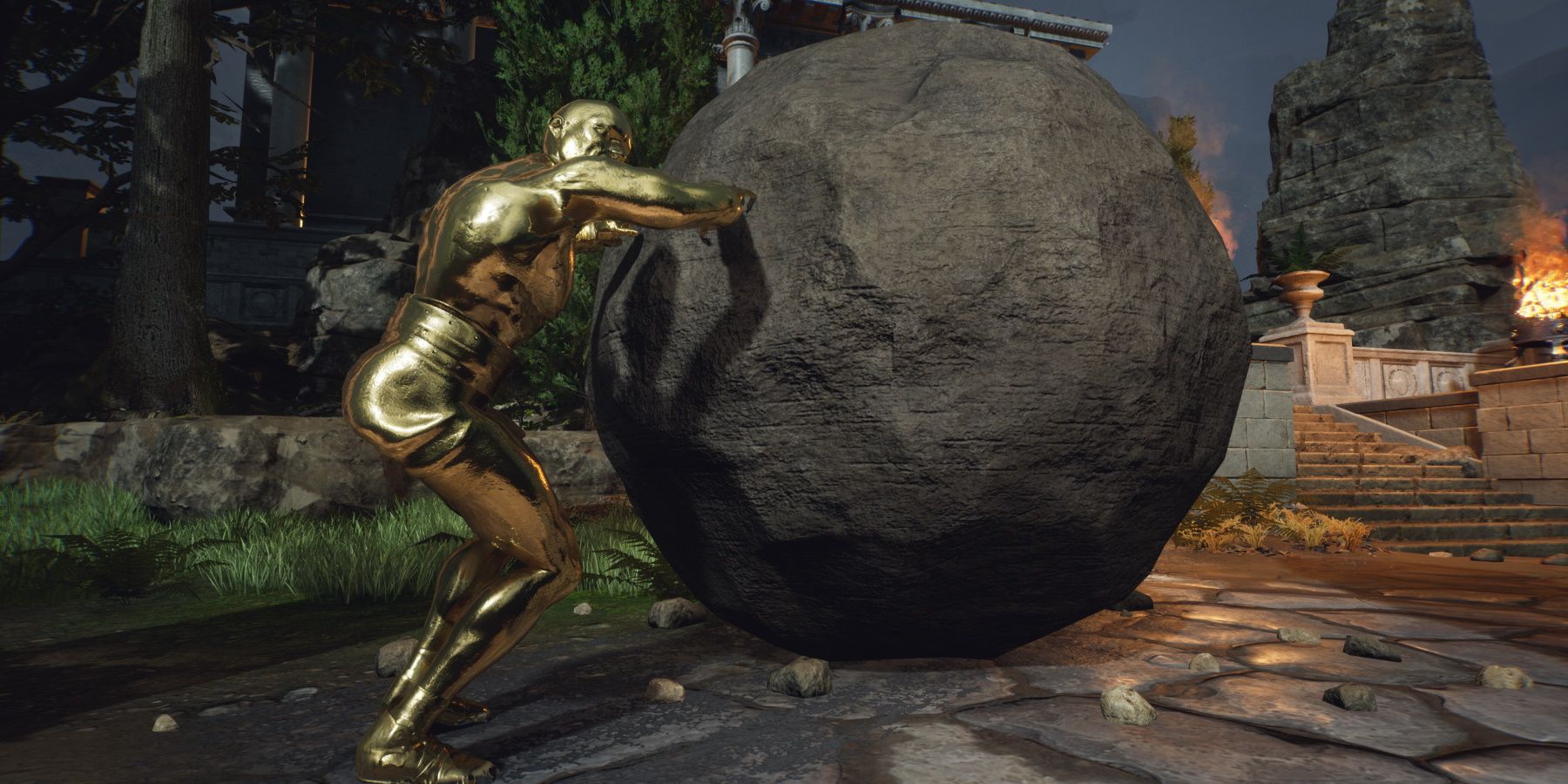 The Forgotten City golden statue at temple with boulder
