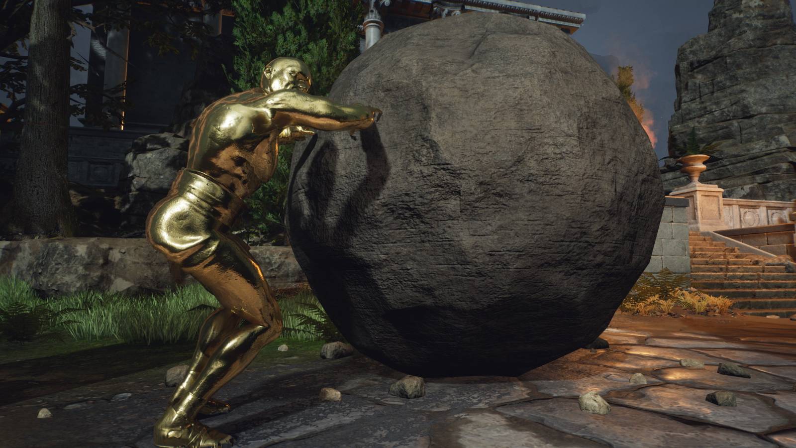 The Forgotten City golden statue at temple with boulder
