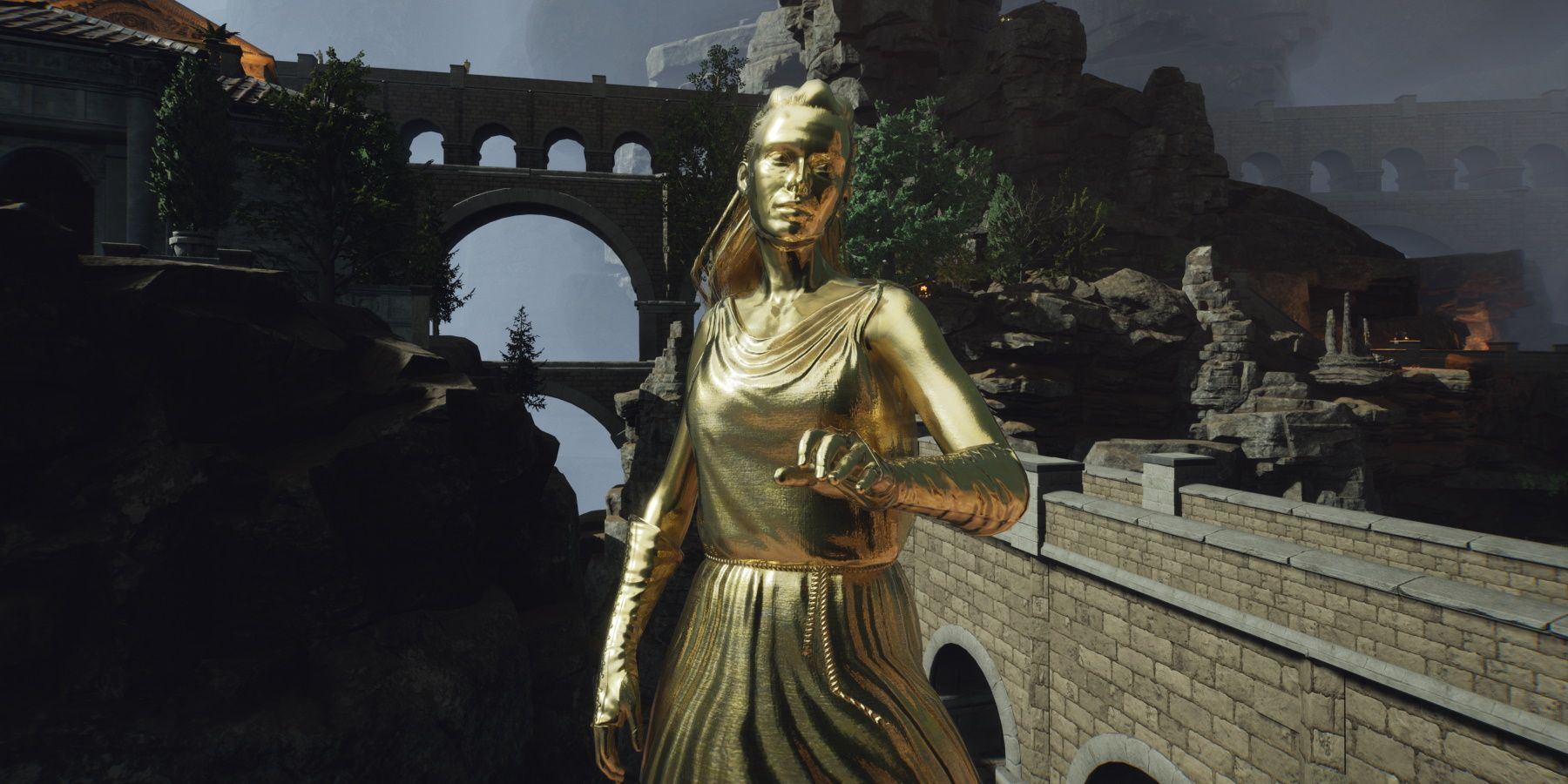 The Forgotten City golden statue and city backdrop