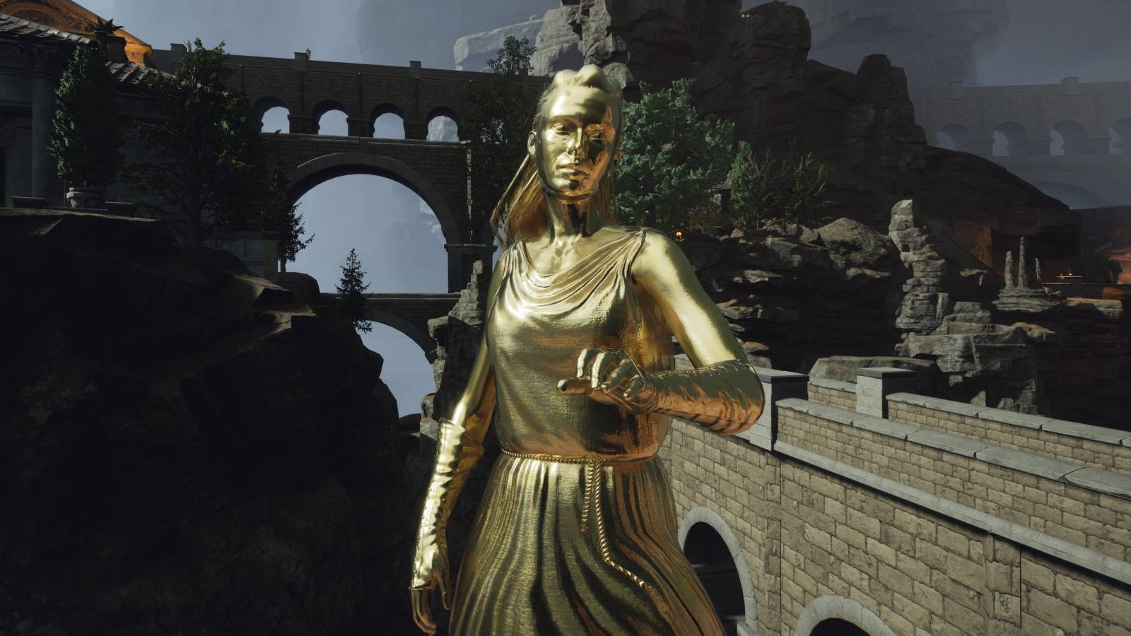 The Forgotten City golden statue and city backdrop