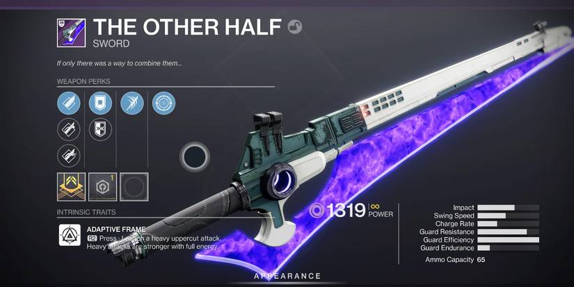 a weapon menu with boxes of information around a large sword with a glowing purple blade