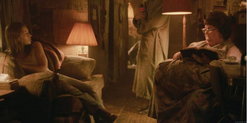 The Tea Lady sitting in her house with a terrified survivor in The Texas Chain Saw Massacre