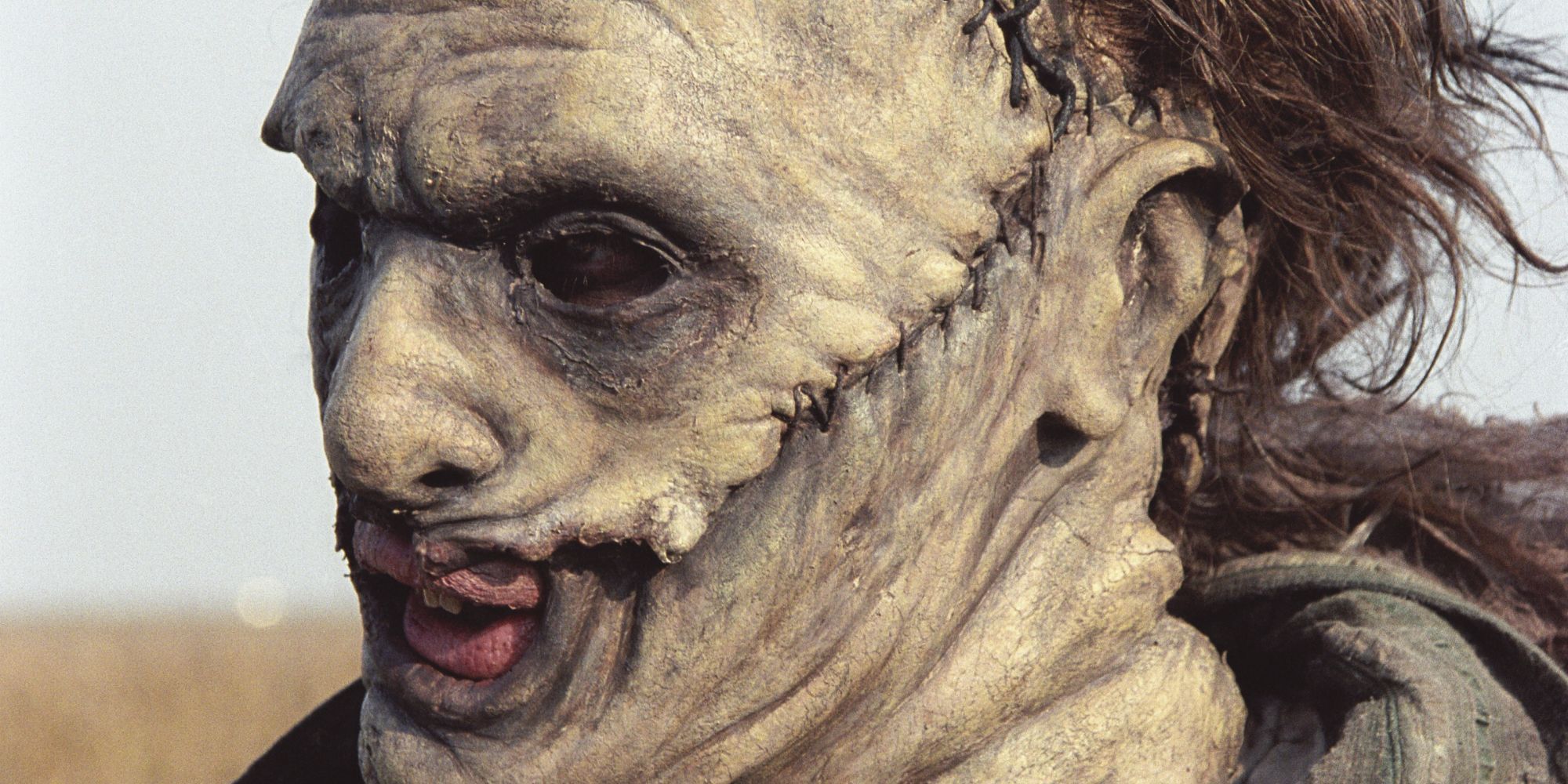 Closeup of Leatherface's mask from The Texas Chainsaw Massacre (2003)