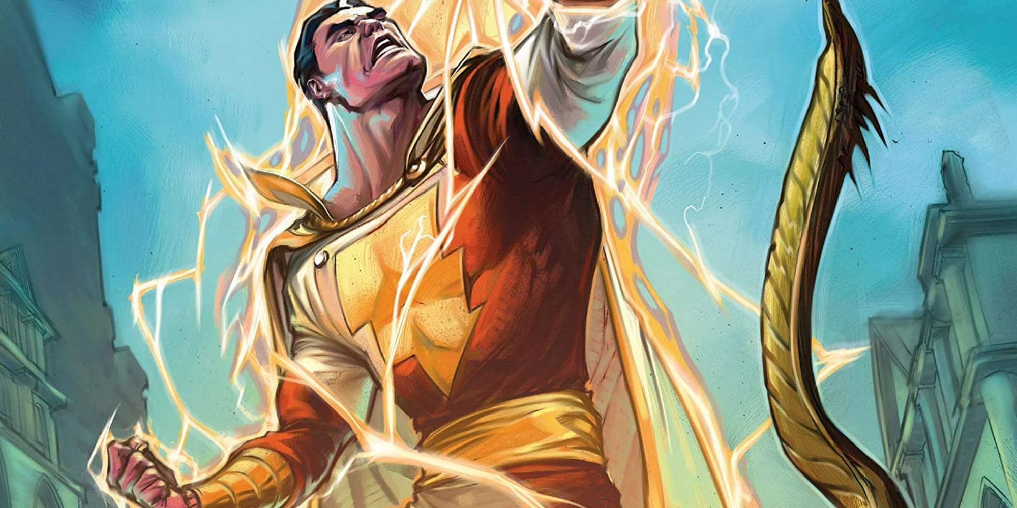 Shazam cloaked in lightning in The Trials Of Shazam