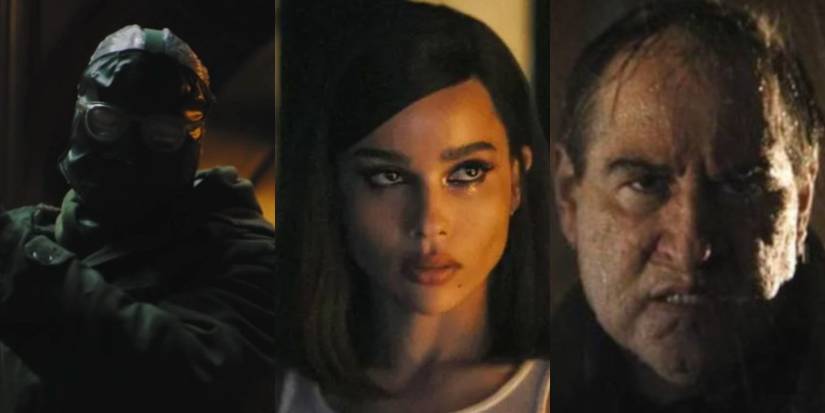 A split image depicts Riddler, Catwoman, and Penguin in the 2022 trailer for The Batman