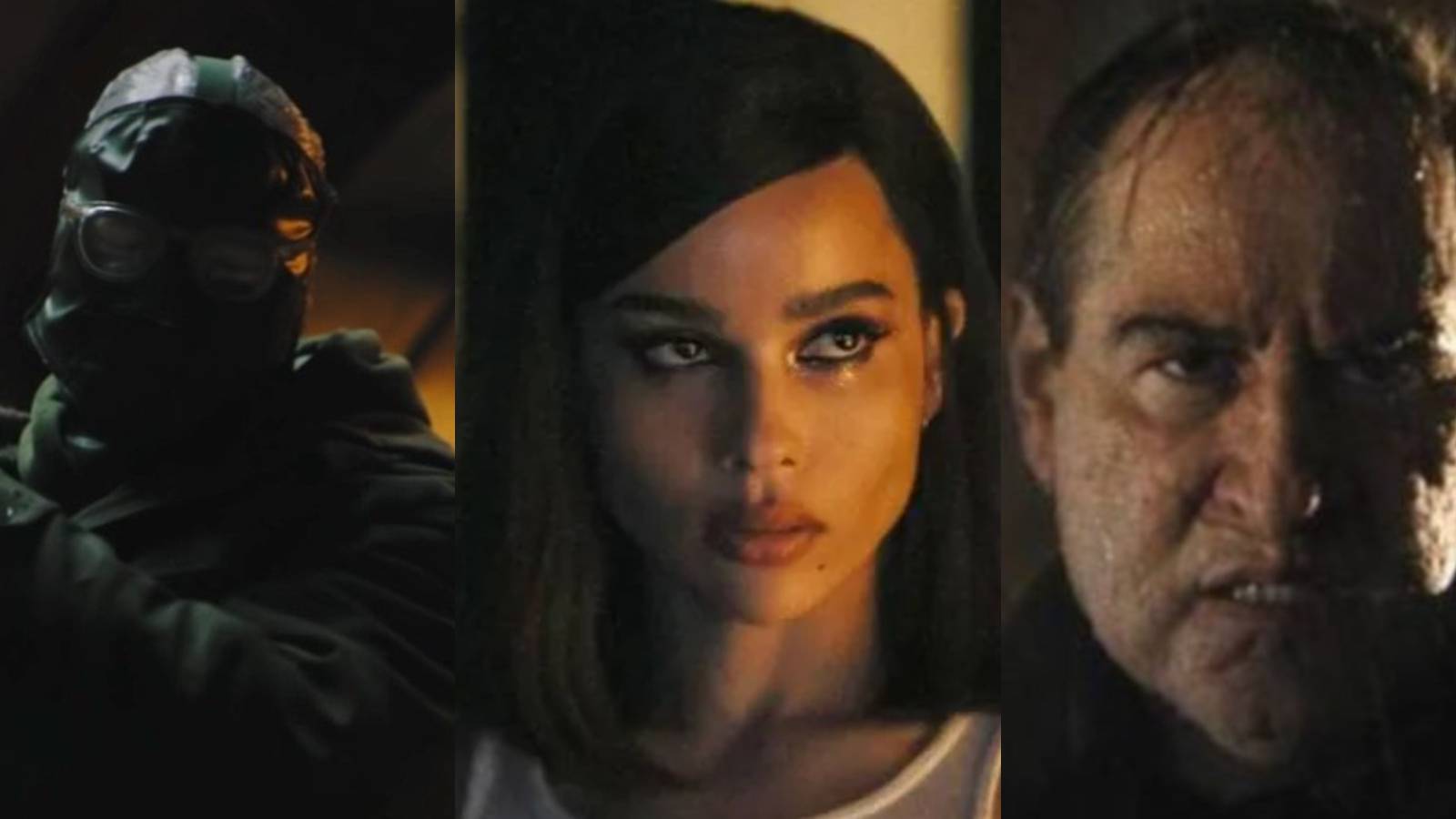 A split image depicts Riddler, Catwoman, and Penguin in the 2022 trailer for The Batman