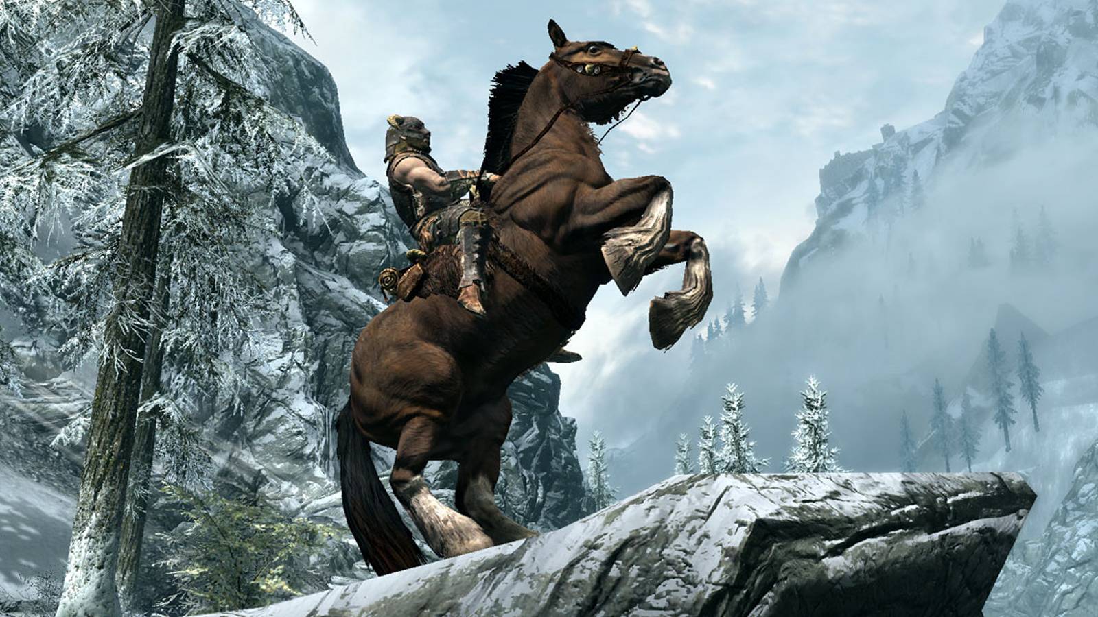The Dragonborn rides a horse in Skyrim