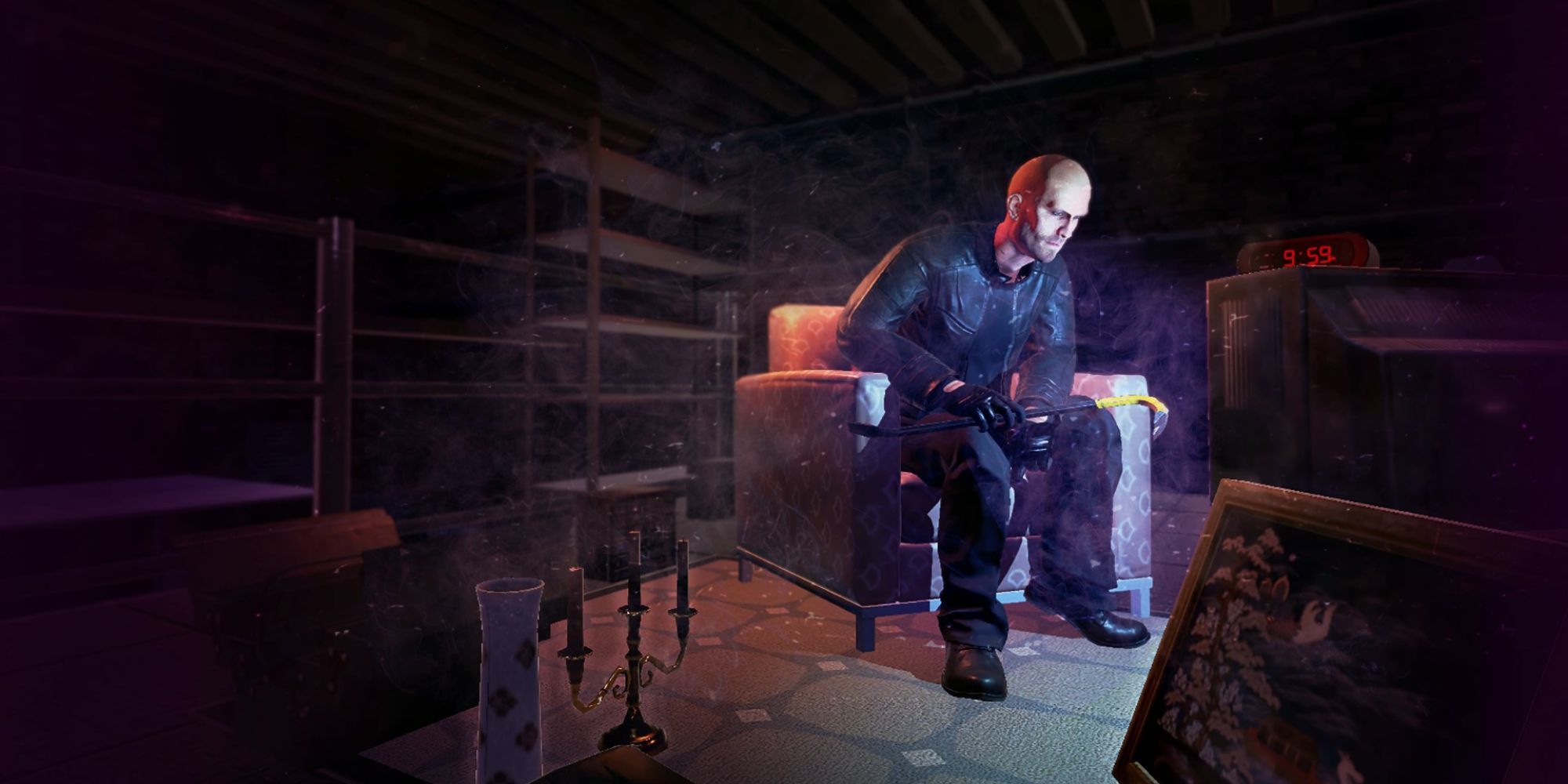 Man sitting down in dark house in Thief Simulator