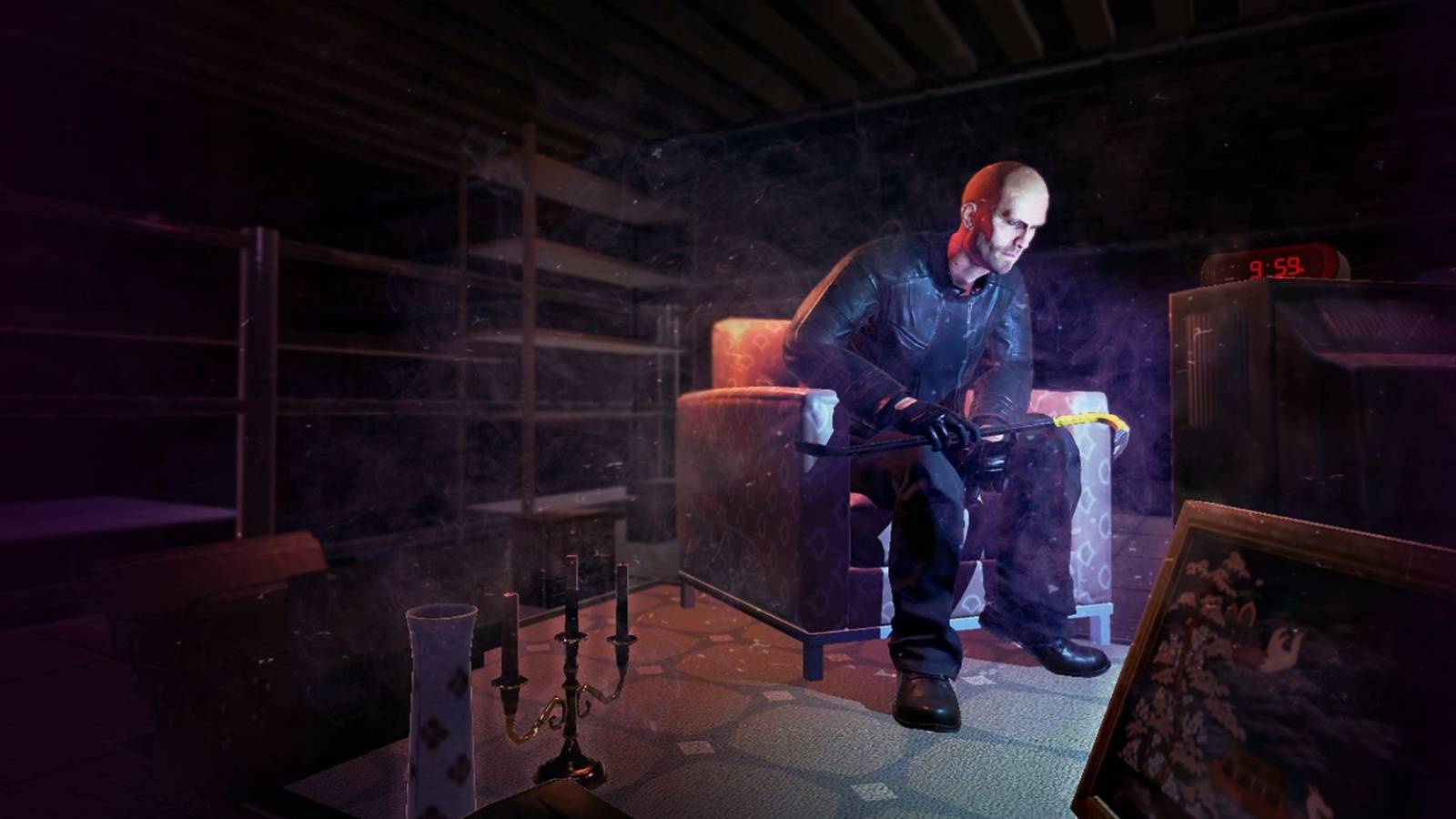 Man sitting down in dark house in Thief Simulator