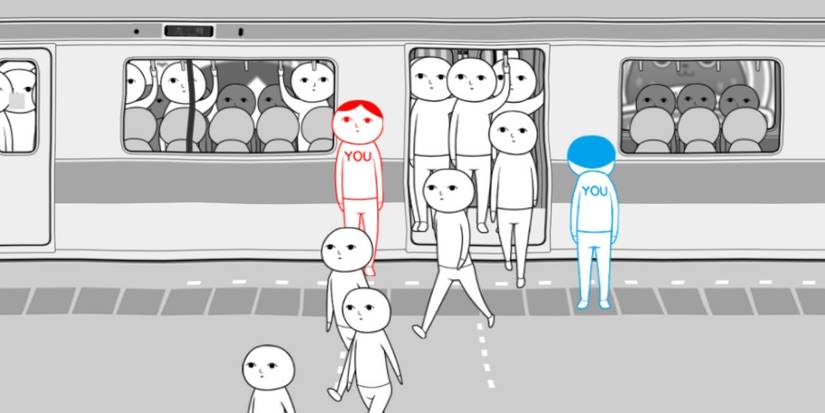 Players standing in front of a train door in KUUKIYOMI Consider It