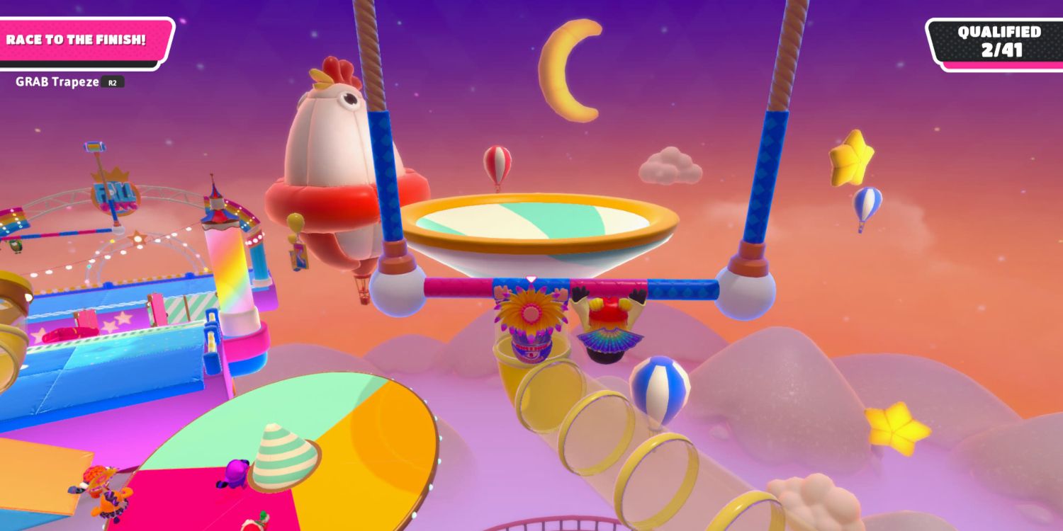 two fall guys beans in colorful costumes holding a trapeze bar swinging toward a large funnel with a pipe leading out of it