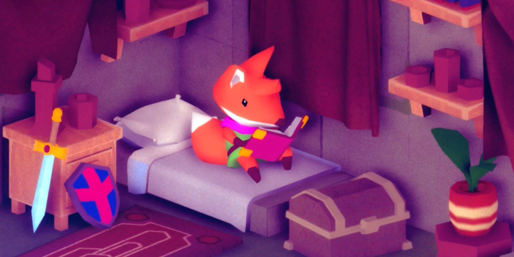 The fox from Tunic sitting on a bed and reading a book with a sword and shield leaning against a table