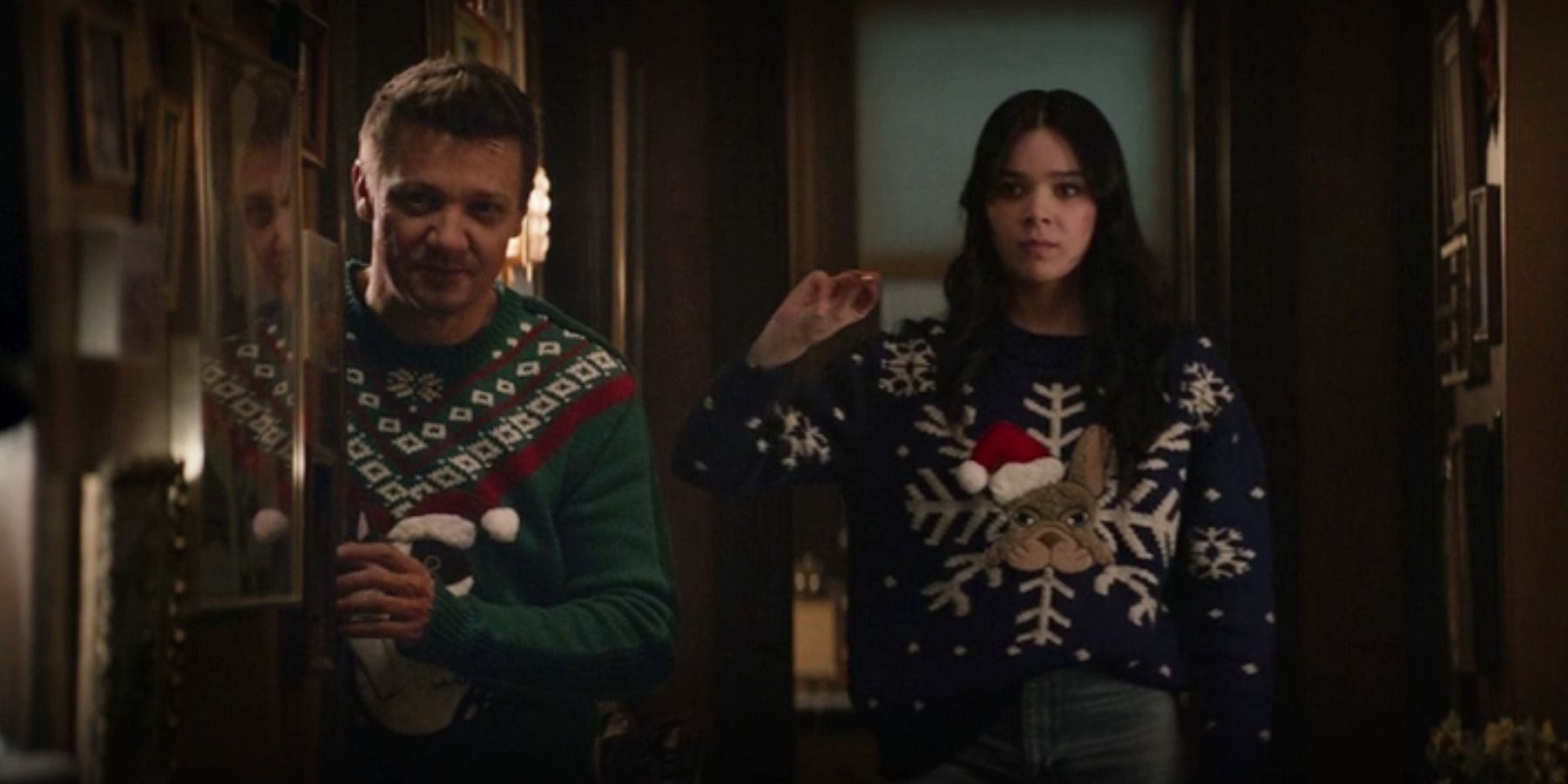 Clint Barton and Kate Bishop in a pair of Christmas sweaters in Hawkeye episode 4