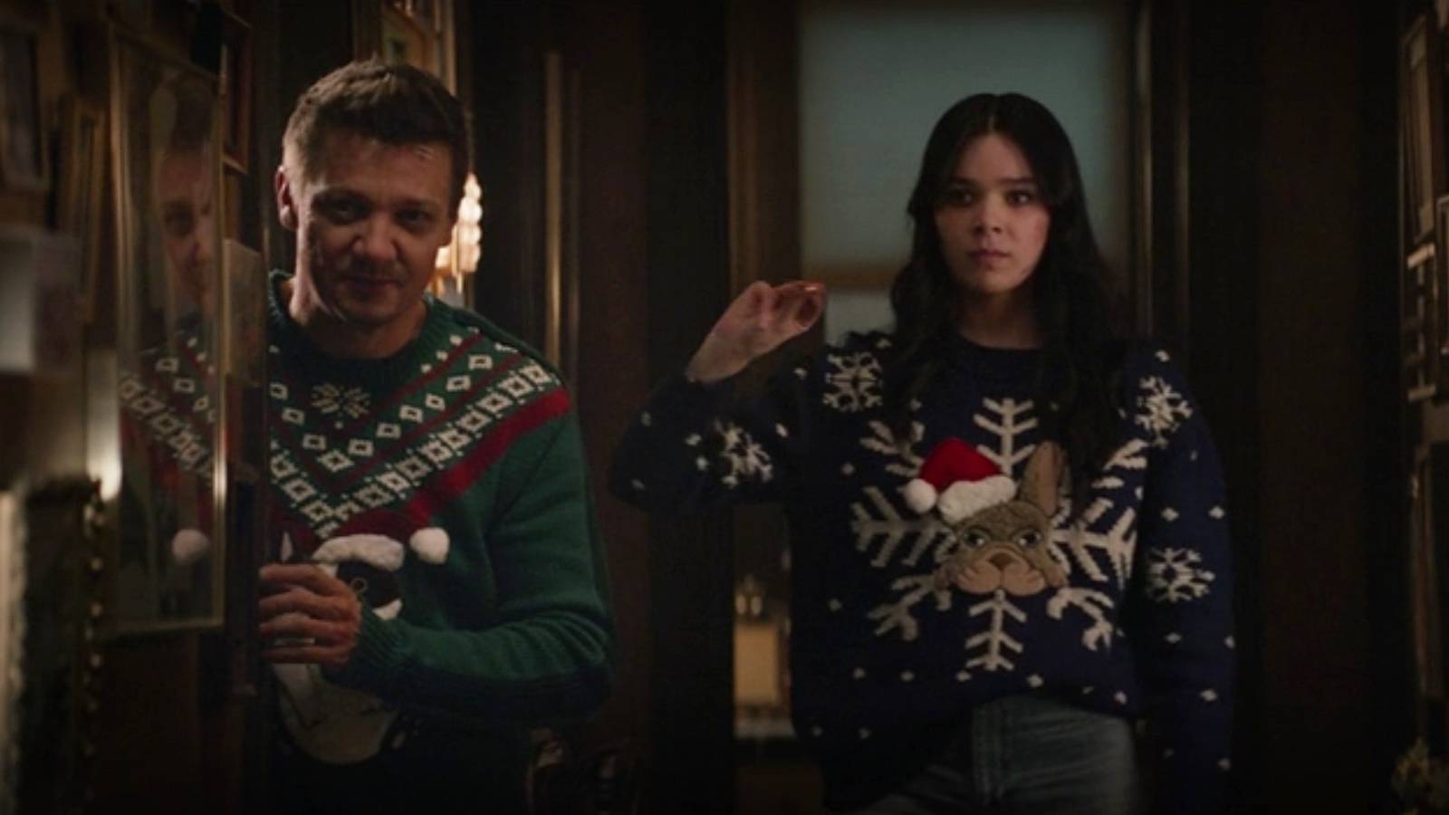 Clint Barton and Kate Bishop in a pair of Christmas sweaters in Hawkeye episode 4