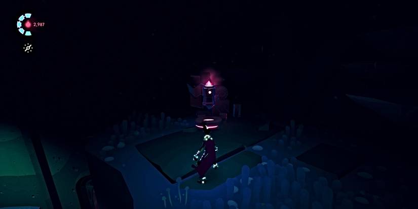 rei facing a voidrunner cache thats tucked into a dark corner of a room 