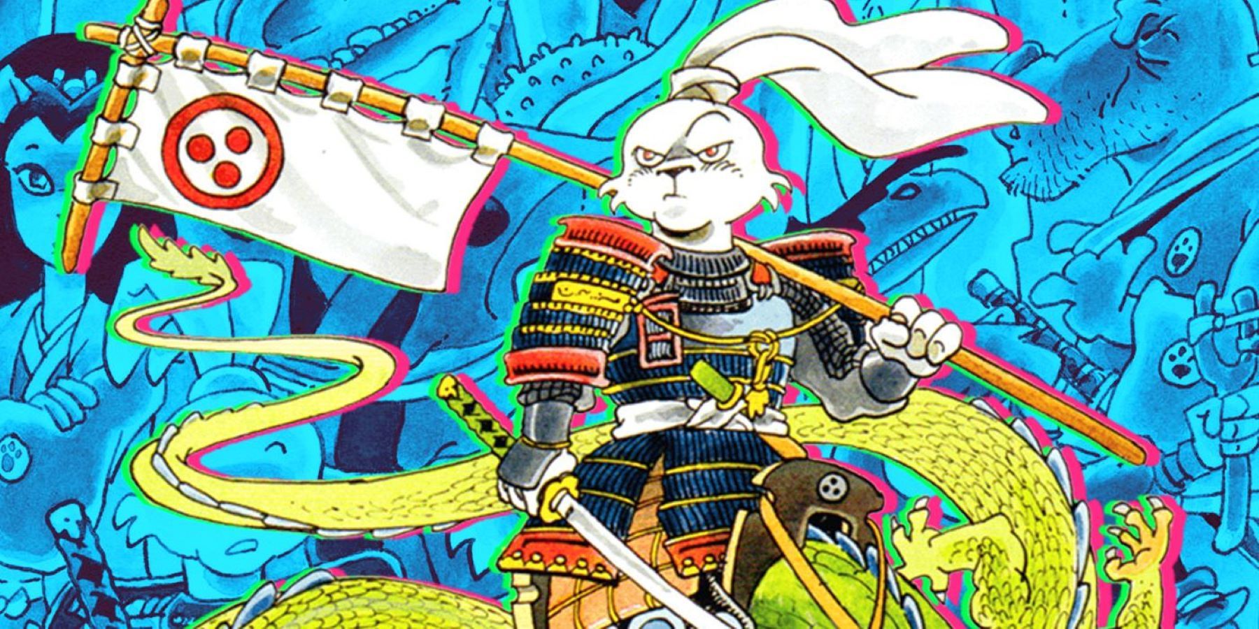 Miyamoto Usagi holding a banner and wearing samurai armor in Usagi Yojimbo