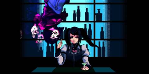 Main character Jill working behind the bar, another girl floating upside down next to her with a playful expression.