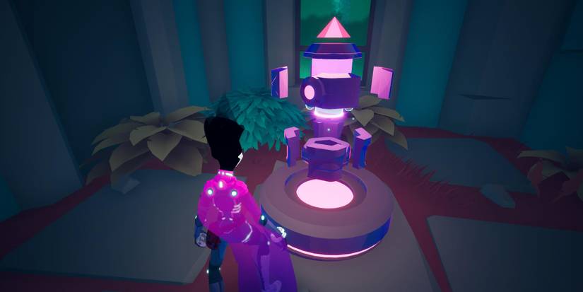 a figure with a black, wispy head and a purple cape stands in front of a small, cylindrical mechanical device that is opening