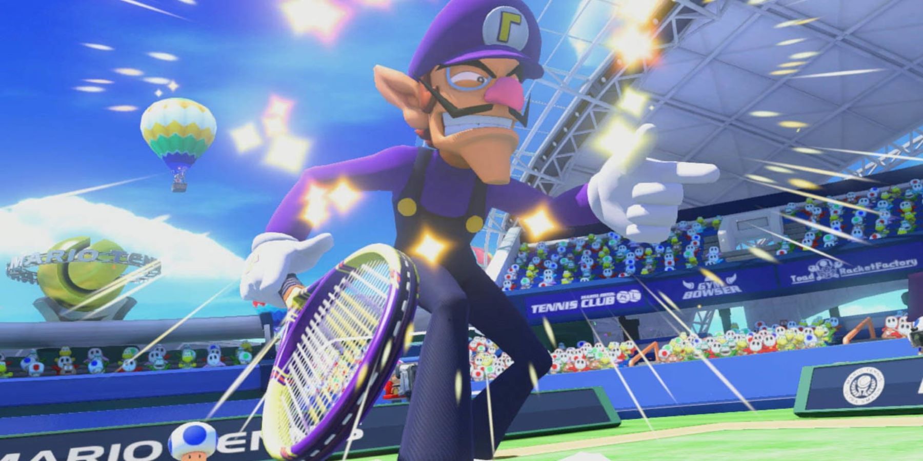 Waluigi holding a tennis racket, striking a pose, and sparkling in Mario Tennis: Ultra Smash